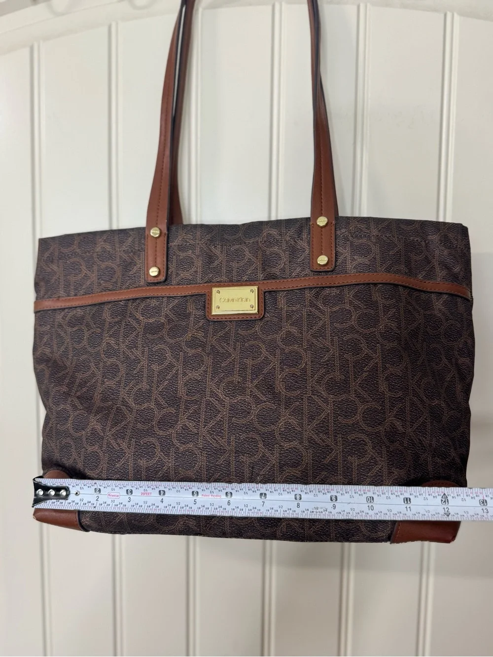 CALVIN KLEIN 🌟 Brown, Gold Monogram Logo Shoulder Tote, Dual Straps - Like NEW